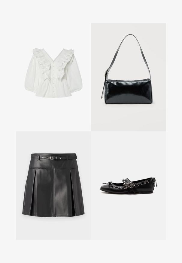 Chemisier blanc avec un décolleté en V profond, des manches bouffantes et des détails volantés à l'avant. Fabriqué en coton avec une fermeture à boutons et des accents texturés.; Jupe plissée noire en simili cuir, dotée d'une taille ajustée avec une ceinture et des accents en métal argenté. Texture lisse.; Chaussure de ballet plate noire avec doubles brides à boucle, œillets argentés et petit nœud près de l’orteil arrondi sur fond blanc.; Sac d'épaule rectangulaire noir avec une sangle réglable unique et une fermeture éclair supérieure sur un fond uni.