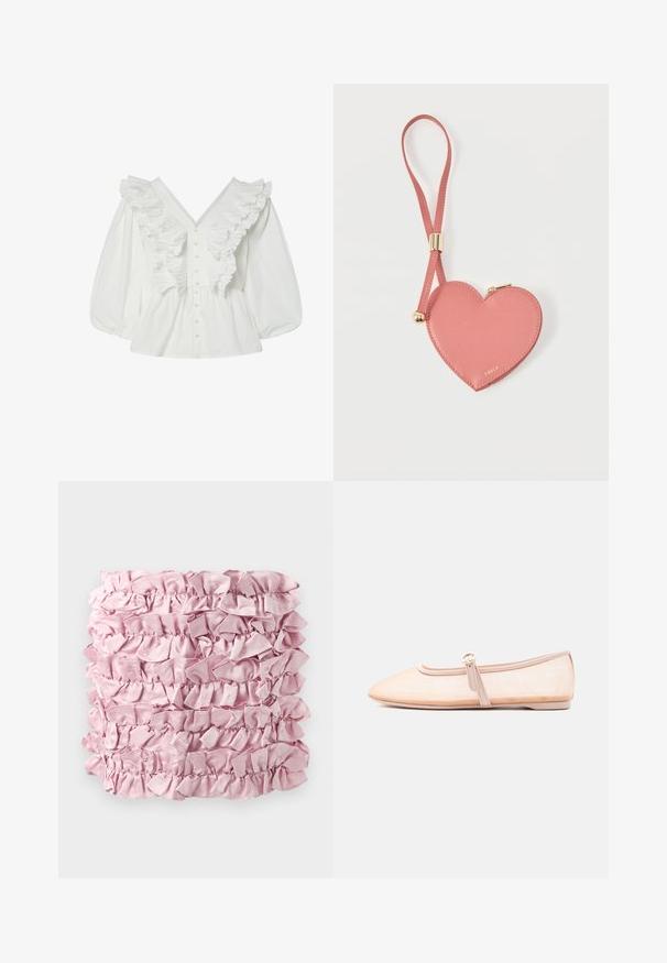 Chemisier blanc avec un décolleté en V profond, des manches bouffantes et des détails volantés à l'avant. Fabriqué en coton avec une fermeture à boutons et des accents texturés.; Tissu froncé rose présentant plusieurs couches d'une texture douce et satinée avec des bords froncés. Forme rectangulaire avec une couleur riche et uniforme.; Chaussure plate beige clair avec un bout pointu et une bride latérale avec boucle, présentée sur un fond blanc uni.; Pochette à pièces en cuir rose en forme de cœur avec sangle de poignet et fermeture éclair dorée, marquée d’un petit texte doré "Furla".