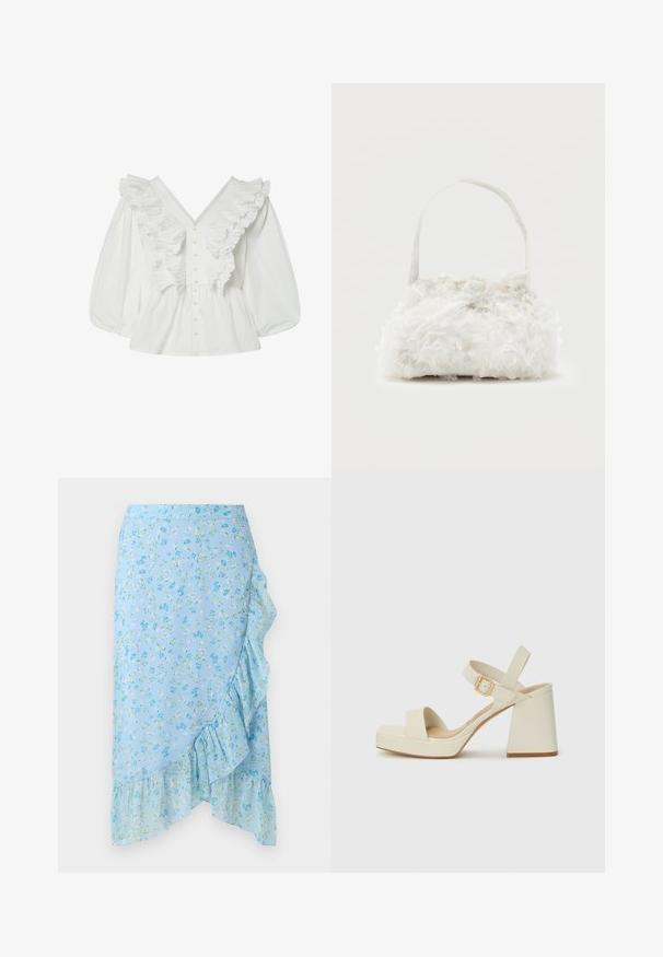 Chemisier blanc avec un décolleté en V profond, des manches bouffantes et des détails volantés à l'avant. Fabriqué en coton avec une fermeture à boutons et des accents texturés.; Jupe portefeuille bleu clair avec petit imprimé floral blanc et vert, ourlet asymétrique à volants le long du côté et du bas.; Sandales à talons hauts beiges avec une large plateforme et un talon bloc. Équipées d'une sangle au niveau de la cheville à boucle et d'une texture lisse.; Petit sac à main blanc orné de roses en tissu recouvrant le corps et d'une fine anse unique, sur un fond uni.