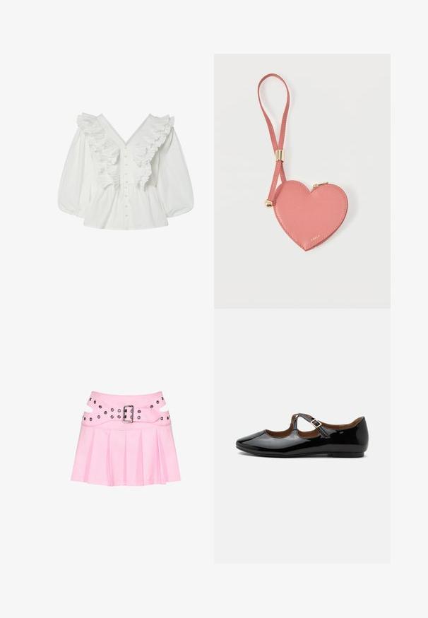 Chemisier blanc avec un décolleté en V profond, des manches bouffantes et des détails volantés à l'avant. Fabriqué en coton avec une fermeture à boutons et des accents texturés.; Mini-jupe plissée rose avec large ceinture double couche, boucle argentée et plusieurs œillets pour fixation et décoration.; Chaussure plate Mary Jane en cuir verni noir avec deux découpes et une bride à boucle dorée sur fond blanc.; Pochette à pièces en cuir rose en forme de cœur avec sangle de poignet et fermeture éclair dorée, marquée d’un petit texte doré "Furla".