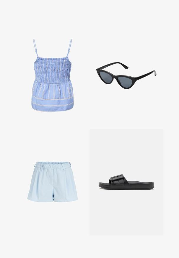 Haut sans manches bleu clair avec fines rayures verticales blanches et rouges, corsage smocké, bretelles fines réglables et détail froncé à la taille.; Shorts pour femmes bleu clair avec une ceinture élastique et des passants pour ceinture, fabriqués en tissu léger.; Sandale noire à semelle plate avec une large sangle, boucle ajustable et texture mate lisse. Design simple sans motifs supplémentaires.; Lunettes de soleil noires en forme d'œil de chat avec des verres gris foncé, monture en plastique élégante, coins pointus et branches droites. Pas de métal visible ni d'accents.