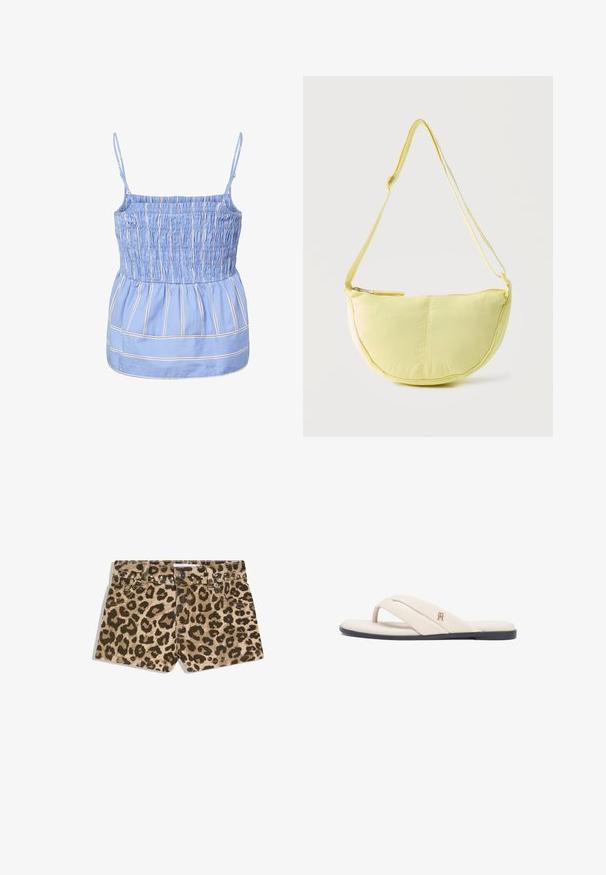 Haut sans manches bleu clair avec fines rayures verticales blanches et rouges, corsage smocké, bretelles fines réglables et détail froncé à la taille.; Shorts en jean à imprimé léopard avec bouton frontal, passants pour ceinture, deux poches avant et clous décoratifs en métal le long de la ceinture.; Sandale tong beige rembourrée avec semelle noire et petit logo doré sur la large bride avant, vue de côté.; Sac d'épaule en forme de croissant jaune doux avec une sangle réglable et une fermeture éclair sur le dessus, sur un fond clair uni.