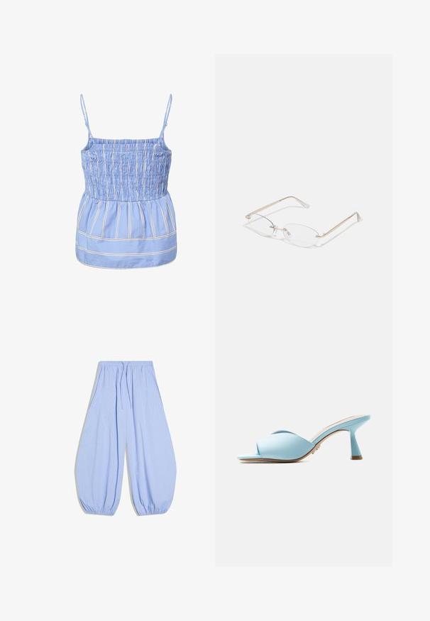Haut sans manches bleu clair avec fines rayures verticales blanches et rouges, corsage smocké, bretelles fines réglables et détail froncé à la taille.; Pantalon ample bleu clair avec taille élastique et poignets aux chevilles, présentant un motif à carreaux discret et un cordon à la taille.; Mule bleu clair à bout ouvert avec des brides larges croisées et un talon mi-hauteur évasé, présenté de profil sur fond blanc.; Lunettes en métal doré avec des verres ovales, des branches fines et des plaquettes de nez transparentes. Présente des accents subtils sur les charnières et des verres transparents.