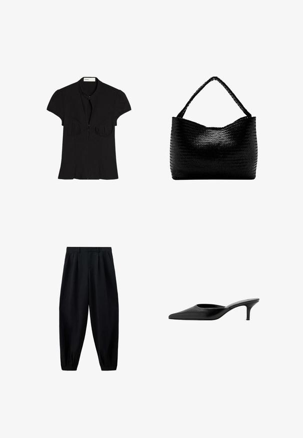 Black short-sleeve blouse with ruched bust, front zipper, and a small collar, laid flat showing the front side.; Black high-waist tapered pants with pleats at the waist and cuffs, and side pockets, displayed on a white background.; Black leather pointed-toe mule with a low, slim heel and backless slip-on design.; Black woven handbag with a single braided handle, rectangular shape, and glossy textured surface.
