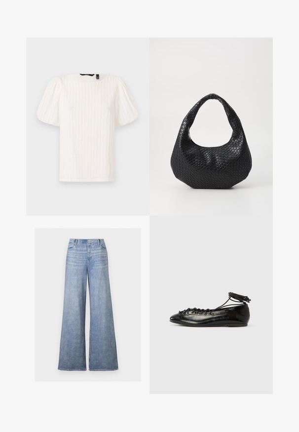 Top blanco de mangas abullonadas con rayas verticales texturizadas, escote redondo y tejido suave; presenta un corte relajado y un sutil brillo.; Vaqueros de mezclilla azul claro de pierna ancha con cintura alta, botón delantero y diseño de cinco bolsillos, mostrados sobre un fondo liso.; Zapatos planos tipo ballet de charol negro con punta redondeada, diseño con cordones y suela plana. Textura lisa con detalles mínimos.; Bolso de mano tejido en negro con un asa curvada, que presenta una superficie texturizada y una forma holgada. Acabado suave con una silueta orgánica.