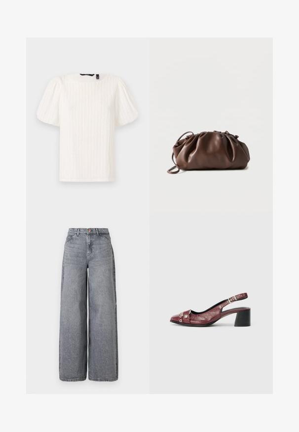 Witte top met pofmouwen, voorzien van getextureerde verticale strepen, ronde halslijn en zachte stof; heeft een relaxte pasvorm en een subtiele glanzende textuur.; Wijde denim jeans in een vervaagde grijze was, met vijf zakken, een knoopsluiting en een zachte textuur met subtiele whiskerdetails.; Bordeaux leren slingback schoen met een ronde neus, gebogen ontwerp, zilveren hardware accenten en een blokhak. Textuurafwerking.; Zachte bruine leren tas met samengevouwen bovenkant en smalle riem, liggend op een witte achtergrond.