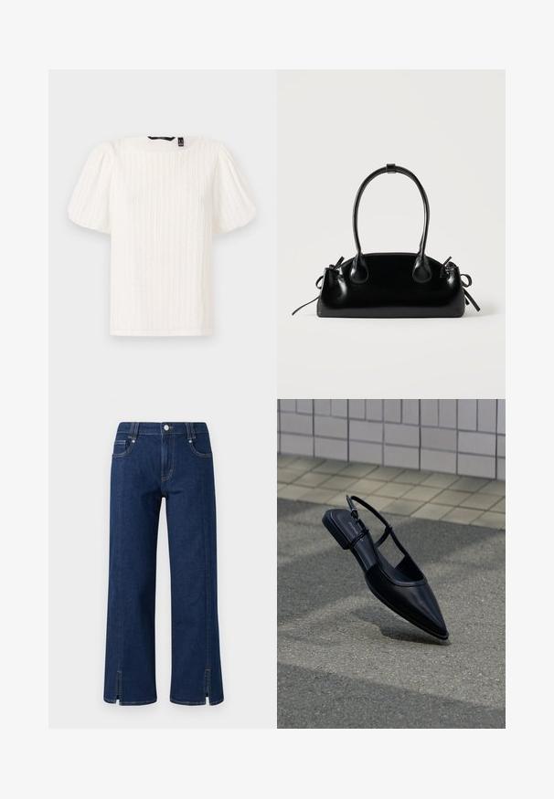 Top blanco de mangas abullonadas con rayas verticales texturizadas, escote redondo y tejido suave; presenta un corte relajado y un sutil brillo.; Jeans de mezclilla de cintura alta en denim azul oscuro, con patas anchas, bolsillos laterales, cierre de botón delantero y dobladillos con aberturas para un detalle adicional.; Zapato plano negro de punta puntiaguda con tiras traseras flotando sobre una superficie de asfalto junto a una acera con baldosas.; Pequeño bolso negro brillante con dos asas largas y detalles de cordón lateral sobre un fondo claro liso.