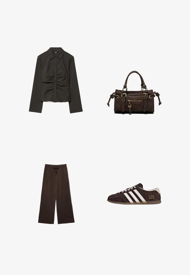 Chemise à manches longues gris foncé avec boutons, rayures fines discrètes et détails froncés au centre avant.; Pantalons larges marron avec un waistband à cordon. Fabriqués en tissu doux, avec des coutures verticales à l'avant pour un détail supplémentaire.; Baskets en suède marron avec trois bandes blanches, semelle en caoutchouc, et étiquette avec le texte "Gazelle" en or. Fermeture à lacets avec lacets gris.; Sac à main en cuir marron foncé avec double poignée, poche avant zippée, boucles décoratives et nœuds latéraux sur fond blanc.