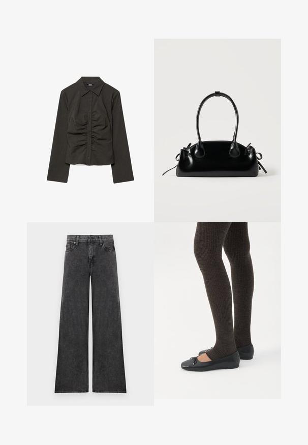 Chemise à manches longues gris foncé avec boutons, rayures fines discrètes et détails froncés au centre avant.; Jean en denim noir à jambes larges avec cinq poches et fermeture par boutons, présenté à plat sur un fond blanc.; Jambes portant des leggings côtelés foncés associés à des ballerines noires avec de petits détails en nœud sur fond blanc.; Petit sac à main noir brillant avec deux longues anses et des détails à cordon sur les côtés sur un fond clair uni.