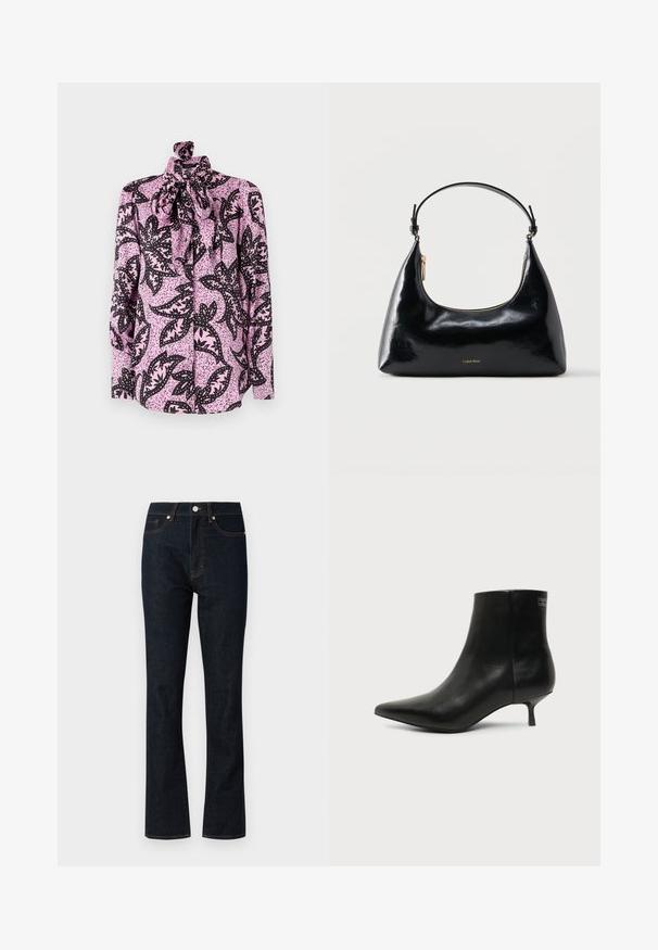 Blouse rose avec un motif floral noir et des accents ponctués, un col montant et un grand nœud à l'encolure. Manches longues.; Jean en denim bleu foncé avec une coupe droite, présentant des coutures orange, un design traditionnel à cinq poches et une fermeture à bouton en métal.; Bottine en cuir noir avec bout pointu et petit talon kitten sur fond clair, vue côté extérieur.; Sac à main Calvin Klein noir brillant avec fermeture éclair dorée et anse courte sur fond blanc uni.