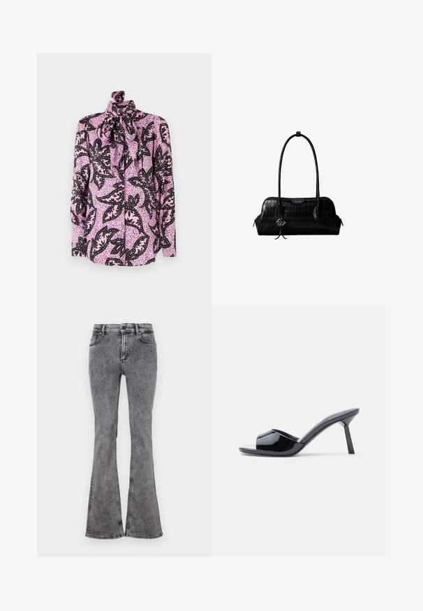 Blusa rosa con un patrón floral negro y acentos moteados, de cuello alto y un gran lazo en el collar. Mangas largas.; Vaqueros negros acampanados de mezclilla con un lavado desgastado, que cuentan con cinco bolsillos, cierre de cremallera y costuras de contraste a lo largo de las costuras.; Sandalias de tacón con punta abierta de charol negro, con un diseño superior curvado y tacón de aguja cónico. Acabado liso y brillante.; Bolso de hombro negro de cuero con textura de cocodrilo, con correas largas y un pequeño colgante de logo plateado en una correa.