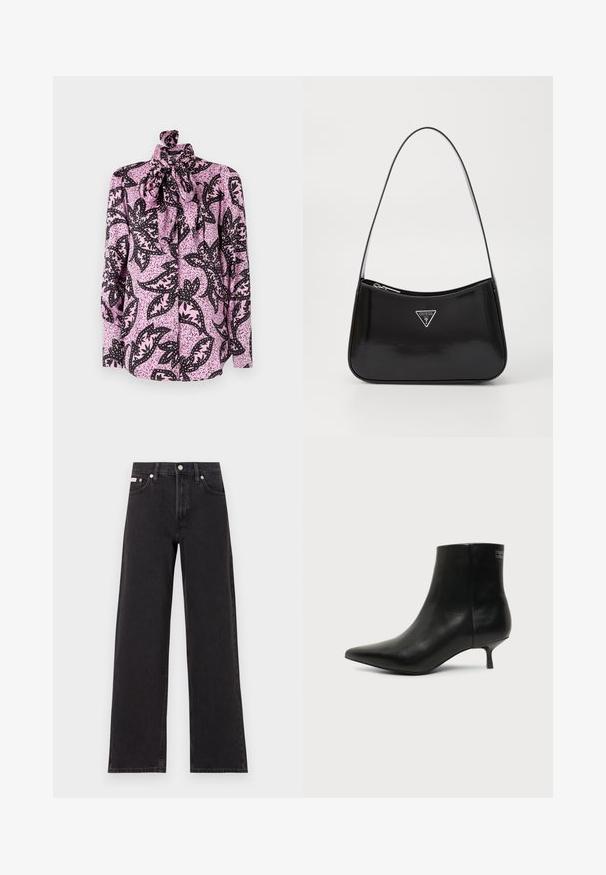 Blusa rosa con un patrón floral negro y acentos moteados, de cuello alto y un gran lazo en el collar. Mangas largas.; Jeans anchos de mezclilla negros, con cintura alta, cinco bolsillos y cierre de botón metálico con costuras contrastantes.; Botín de piel negra con puntera puntiaguda y tacón bajo estilo kitten sobre fondo claro, mostrando vista lateral exterior.; Bolso de hombro de charol negro con forma curva, que presenta un logotipo triangular plateado y un cierre de cremallera. Textura suave y correa delgada.