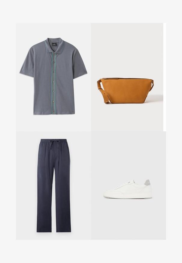 Polo gris à manches courtes avec une bande contrastante bleue et verte le long de la patte de boutonnage et cinq boutons marron. Texture de tissu douce.; Pantalons bleu marine, amples, en tissu doux avec une taille élastique et un cordon de serrage ajustable. Jambes droites, sans poches.; Baskets basses blanches avec un onglet de talon gris, des lacets blancs et une semelle texturée, présentées sur un fond uni clair.; Sac bandoulière en cuir marron clair avec sangle réglable et fermeture éclair, présenté sur un fond clair uni.