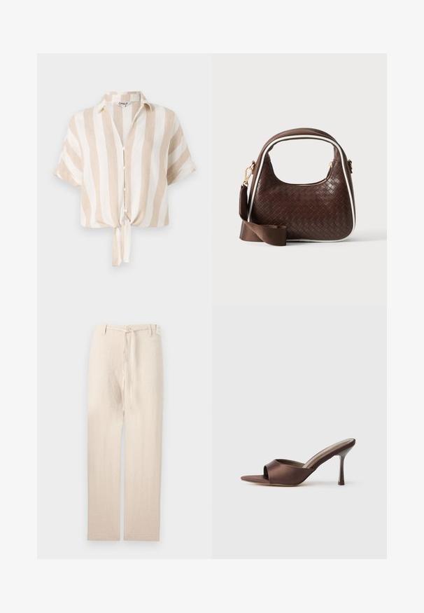 Camisa de manga corta a rayas beige y blanca con botón frontal y dobladillo atado. Fabricada con tejido ligero, apta para el clima cálido.; Pantalones de lino beige con un diseño de pierna recta, que presentan un cierre de botón y una corbata de tela en la cintura, ofreciendo una apariencia ligera y texturizada.; Mule marrón de satén con punta abierta, con un tacón delgado de altura media y diseño slip-on sobre un fondo blanco liso.; Bolso de mano de piel trenzada marrón con ribete blanco, cremallera dorada y correa de hombro de tela marrón desmontable.