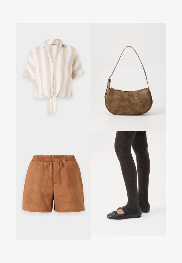 Beige og hvid stribet kortærmet skjorte med knaplukning foran og bundet kant. Fremstillet af let stof, der er egnet til varmt vejr.; Brune ruskindsbukser med elastisk talje, der har en afslappet pasform og glat tekstur. Simpelt design, velegnet til afslappet brug.; Ben iført mørke ribbede leggings kombineret med sorte balletsko med små sløjfedetaljer på hvid baggrund.; Brun faux læder skuldertaske med en buet form, en enkelt strop, kontrasterende syninger og en lynlåslukning langs den øverste kant.