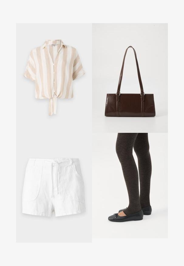 Camisa de manga corta a rayas beige y blanca con botón frontal y dobladillo atado. Fabricada con tejido ligero, apta para el clima cálido.; Pantalones cortos de lino blancos con cintura ajustable, cuentan con dos bolsillos frontales y una textura suave. Diseño simple sin adornos.; Piernas con leggings oscuros acanalados combinados con bailarinas negras que presentan pequeños detalles de lazo sobre un fondo blanco.; Bolso de mano de piel sintética marrón con forma rectangular, dos asas largas y sutiles acentos curvados en la parte delantera.