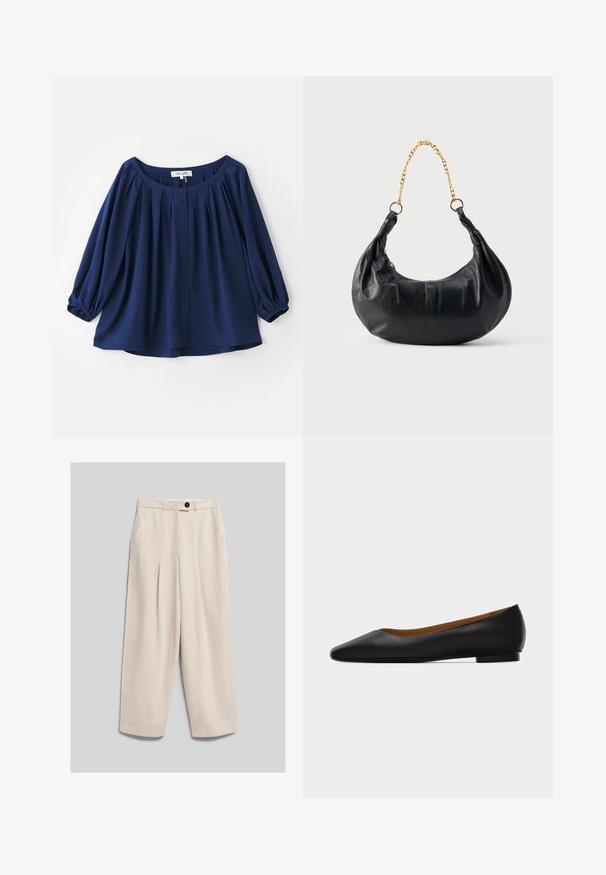 Navyblauwe blouse van zachte stof, met een wijde halslijn, knoopsluiting, plooien aan de voorkant en elastische manchetten met lange mouwen.; Beige hoge taille wijde broek met voorplooien, zakken aan de zijkant, riemlussen en een zwarte knoopsluiting.; Zwarte leren puntschoen met lage hak en gladde afwerking, zijaanzicht op een lichtgrijze achtergrond.; Zwart lederen handtas in de vorm van een halve maan met een gouden kettingriem en een zijritstrekker.