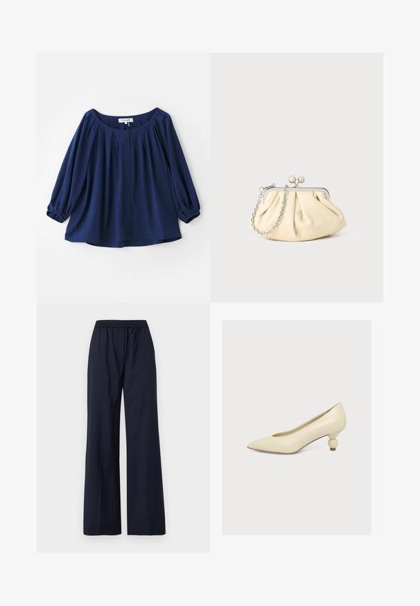 Navyblauwe blouse van zachte stof, met een wijde halslijn, knoopsluiting, plooien aan de voorkant en elastische manchetten met lange mouwen.; Marineblauwe wijde broek met een elastische tailleband en een gladde voorkant, afgebeeld tegen een witte achtergrond.; Crèmekleurige pumps met een puntige neus en een lage, unieke bolvormige hak op een effen witte achtergrond.; Geplooide beige leren clutch met een zilveren metalen frame, voorzien van twee ronde decoratieve sluitingen en een zilveren kettingriem.