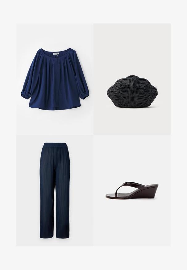 Blouse bleu marine en tissu doux, avec un décolleté large, un système de fermeture à boutons, des plis à l'avant et des poignets élastiques avec des manches longues.; Pantalons large en navy fabriqués en tissu plissé, avec une taille élastique et une texture douce, conçus pour le confort et la liberté de mouvement.; Sandale compensée en cuir verni marron avec bride entre les orteils et bout ouvert, vue de profil sur un fond uni.; Sac à main en osier noir en forme de coquille Saint-Jacques avec un dessus courbé et une texture tressée sur un fond uni.