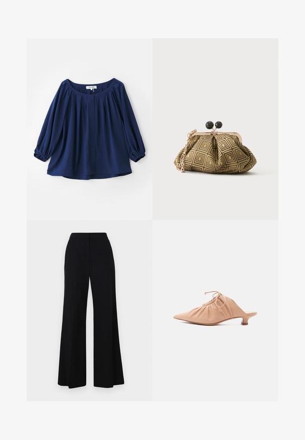 Blouse bleu marine en tissu doux, avec un décolleté large, un système de fermeture à boutons, des plis à l'avant et des poignets élastiques avec des manches longues.; Pantalon large noir avec une taille haute, tissu lisse et lignes épurées. Pas de matériel visible ni de motifs.; Mule pour femme en cuir beige avec bout pointu, dessus froncé, lien de serrage et petit talon kitten, sur fond blanc.; Petite pochette avec motif géométrique doré et noir, cadre en métal doré, fermeture à boule noire et une courte chaîne dorée.