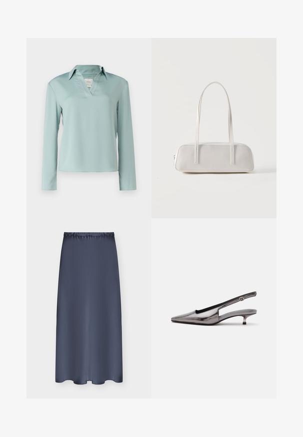Calvin Klein Blouse - abyss; Jupe bleu marine mi-longue avec taille élastique et tissu lisse, présentée à plat sur un fond clair.; Chaussure slingback gris métallique à bout pointu, petit talon kitten et bride réglable sur fond blanc.; Sac d'épaule rectangulaire blanc avec des bretelles longues et fines, couture minimale, et fermeture éclair sur un fond uni.
