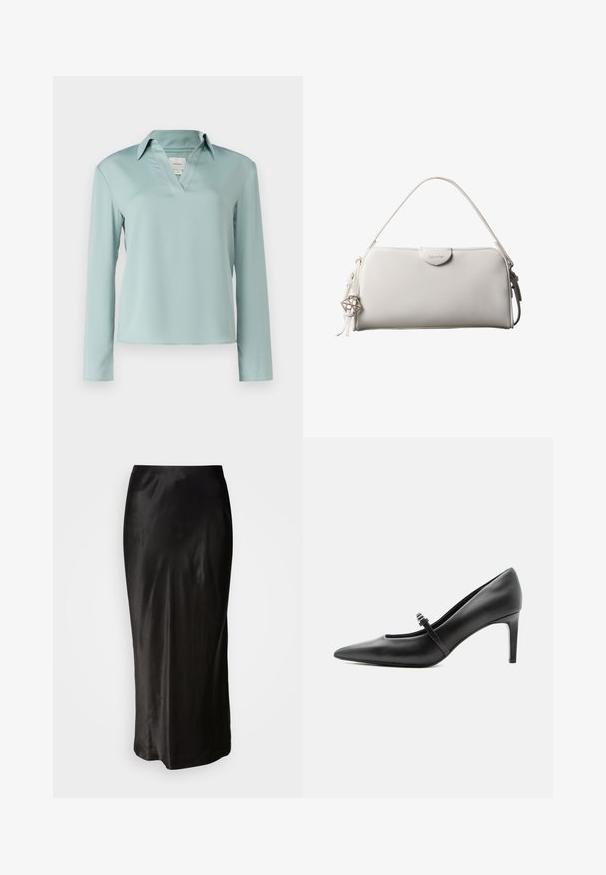 Calvin Klein Blouse - abyss; Jupe en satin noir avec une texture lisse. Design long jusqu'au sol avec une taille ajustée et une légère évasement à l'ourlet. Aucun motif ou matériel visible.; Escarpin noir en cuir à bout pointu avec une fine bride et une boucle sur le cou-de-pied, posé sur un fond clair neutre.; Sac à main rectangulaire blanc Calvin Klein avec une seule poignée, design minimaliste et pampilles décoratives avec un charm métallique géométrique sur le côté.