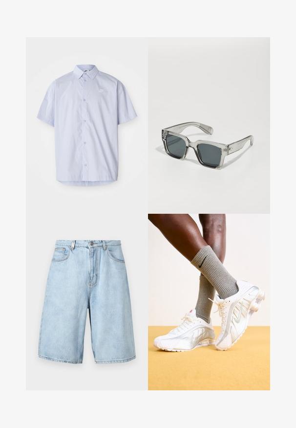 Helles blaues Kurzarmhemd aus glattem Stoff, mit einem Knopfverschluss-Design und einem kleinen weißen Nike-Logo auf der Brust.; Hellblaues Denim-Shorts mit lockerer Passform, ausgestattet mit zwei Fronttaschen, einem Reißverschluss und sichtbaren Nähten.; Nike-Sneaker in Weiß mit silbernen Akzenten, ausgestattet mit strukturierten Paneelen und Perforationen. Kombiniert mit grauen gerippten Socken, vor einem gelben Hintergrund.; Klare, übergroße Sonnenbrillen mit dunklen Gläsern, ausgestattet mit einem massiven rechteckigen Rahmen und strukturierten Bügelakzenten. Hergestellt aus transparentem Kunststoff.