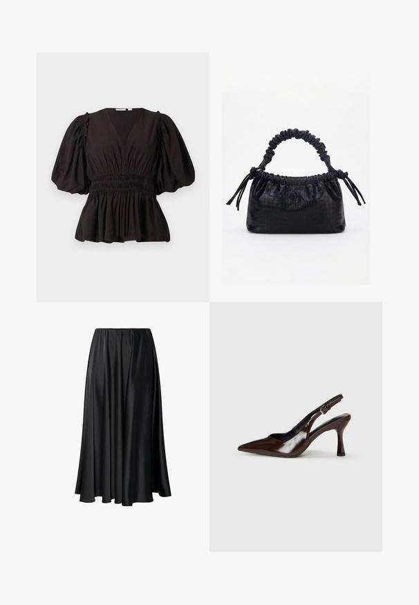 Top negro de manga abullonada con escote en V profundo, cintura fruncida y dobladillo acampanado. Hecho de tela ligera con una textura suave.; Falda maxi negra de tejido suave, con una cinturilla elástica, silueta amplia y un dobladillo fluido sin patrones o detalles visibles.; Zapatos de tacón slingback de charol marrón con punta afilada, tacón delgado y correa ajustable con una pequeña hebilla.; Bolso negro con textura de cocodrilo, borde superior fruncido, asa recogida y cordones con borlas en cada lado sobre un fondo blanco.