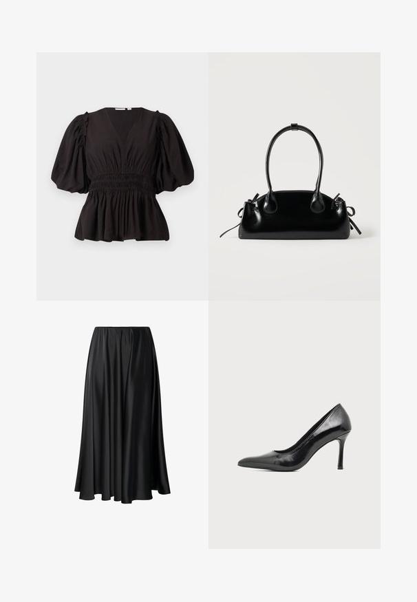 Top negro de manga abullonada con escote en V profundo, cintura fruncida y dobladillo acampanado. Hecho de tela ligera con una textura suave.; Falda maxi negra de tejido suave, con una cinturilla elástica, silueta amplia y un dobladillo fluido sin patrones o detalles visibles.; Zapato de tacón alto de mujer en piel negra patentada, con punta puntiaguda y tacón delgado, sobre un fondo claro y liso.; Pequeño bolso negro brillante con dos asas largas y detalles de cordón lateral sobre un fondo claro liso.