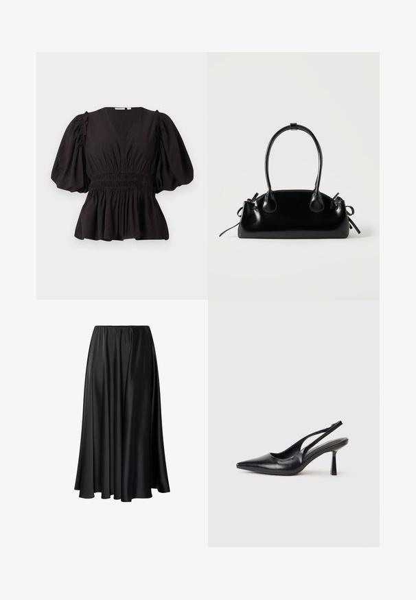 Top negro de manga abullonada con escote en V profundo, cintura fruncida y dobladillo acampanado. Hecho de tela ligera con una textura suave.; Falda maxi negra de tejido suave, con una cinturilla elástica, silueta amplia y un dobladillo fluido sin patrones o detalles visibles.; Zapato de tacón alto negro de cuero con puntera afilada y tacón delgado sobre un fondo blanco.; Pequeño bolso negro brillante con dos asas largas y detalles de cordón lateral sobre un fondo claro liso.