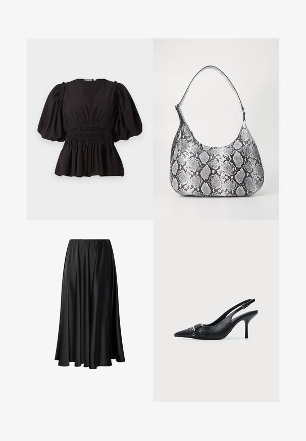 Top negro de manga abullonada con escote en V profundo, cintura fruncida y dobladillo acampanado. Hecho de tela ligera con una textura suave.; Falda maxi negra de tejido suave, con una cinturilla elástica, silueta amplia y un dobladillo fluido sin patrones o detalles visibles.; Zapato de tacón alto tipo slingback de piel negra con puntera puntiaguda, con hebilla y detalle de tira con ojetes en la parte delantera.; Bolso de hombro con estampado de serpiente en blanco y negro, de forma redondeada, textura suave y correa curvada. Presenta un acento de hardware plateado.
