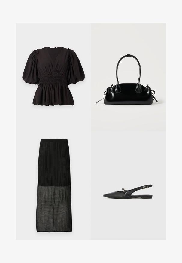 Top negro de manga abullonada con escote en V profundo, cintura fruncida y dobladillo acampanado. Hecho de tela ligera con una textura suave.; Falda midi negra de canalé con la mitad inferior transparente y cintura elástica, mostrada extendida sobre un fondo blanco.; Zapatos slingback de cuero negro con punta afilada, que cuentan con una correa estrecha y un detalle de hebilla plateada en el lateral. Suela plana.; Pequeño bolso negro brillante con dos asas largas y detalles de cordón lateral sobre un fondo claro liso.