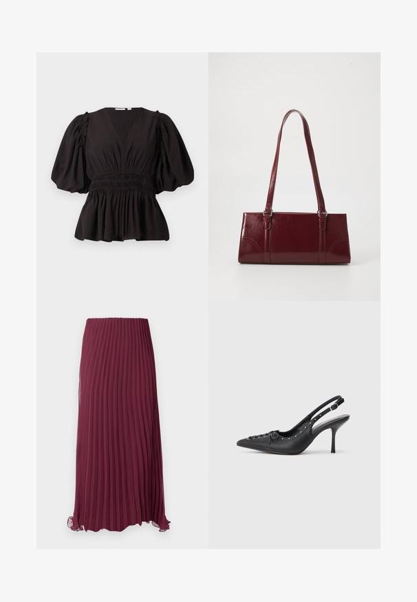 Top negro de manga abullonada con escote en V profundo, cintura fruncida y dobladillo acampanado. Hecho de tela ligera con una textura suave.; Larga falda de color burdeos con pliegues, hecha de un tejido ligero, con una cintura elástica y un dobladillo ligeramente rizado. Pliegues verticales texturizados en toda la prenda.; Sandal de tacón stiletto negro de cuero con punta afilada, correa lateral con hebilla, tachuelas a lo largo del borde y cordones decorativos en la parte delantera.; Bolso burdeos hecho de material brillante, de forma rectangular, con dos asas para el hombro y sutiles acentos curvados en la parte frontal.