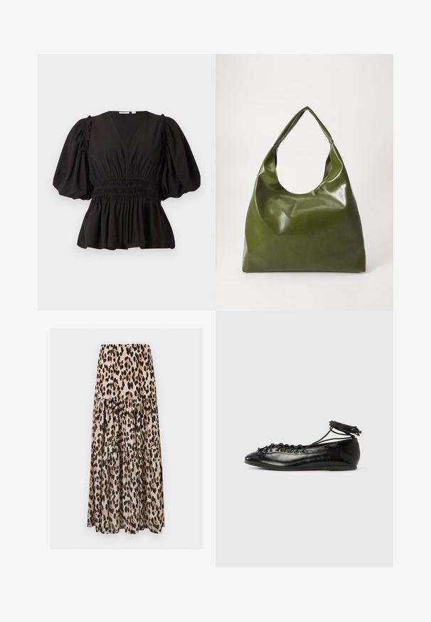 Sort top med puffærmer, dyb V-udskæring, samlet talje og flagrende kant. Lavet af letvægtsstof med en glat tekstur.; Lang lagdelt nederdel med brun, sort og beige leopardprint på let stof.; Sorte balletflade sko i laklæder med rundet tå, snørelukning og flad sål. Glat tekstur med få detaljer.; Grøn læder hobo taske med en slouchy design, buet håndtag og glat tekstur. Indeholder ingen synlig hardware eller accenter.
