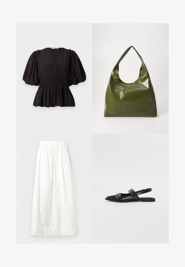 Top negro de manga abullonada con escote en V profundo, cintura fruncida y dobladillo acampanado. Hecho de tela ligera con una textura suave.; Falda blanca hasta el tobillo con cintura elástica fruncida y tela suelta y fluida.; Even&Odd by Zalando Bailarinas con tira trasera - black; Bolsa hobo verde de cuero con un diseño suave, asa curvada y textura lisa. No contiene hardware visible ni acentos.