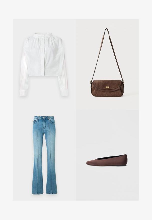 Blouse blanche courte à manches longues avec fines rayures verticales, empiècement froncé, col haut avec fermeture à un bouton.; Jeans en denim bleu clair taille haute avec des détails de couture à l'avant, des poches avant, des passants pour ceinture et des jambes évasées sur fond blanc.; Ballerines en tissu marron avec un bout pointu et une texture lisse, dotées d'un talon bas et d'une fine semelle noire. Aucune motif ni élément métallique visible.; Sac bandoulière en daim marron avec une longue sangle réglable et une fermeture à tour dorée sur le rabat avant.