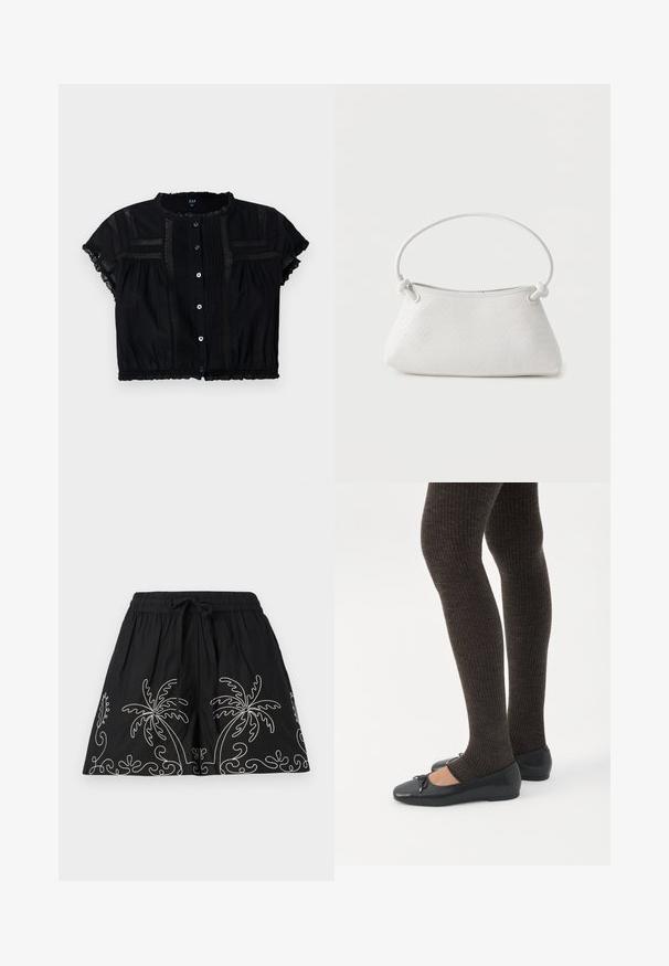 Blouse noire cropped à manches courtes, avec des accents en dentelle, un boutonnière à l'avant et des détails plissés sur le corsage et les manches.; Shorts en coton noir avec une ceinture élastique et un cordon de serrage. Ils présentent des dessins brodés en blanc de palmiers le long de l'ourlet.; Jambes portant des leggings côtelés foncés associés à des ballerines noires avec de petits détails en nœud sur fond blanc.; Sac à main en cuir tressé blanc avec poignée arrondie et extrémités de lanière nouées, présenté sur un fond uni.
