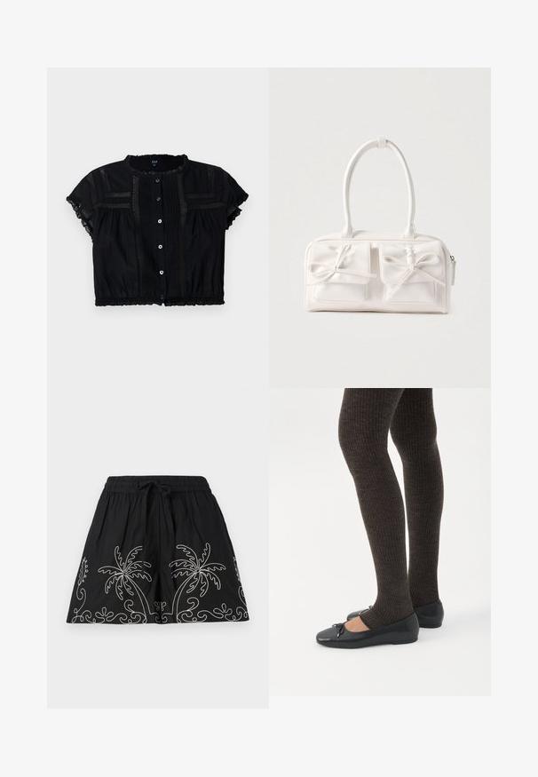 Musta lyhythihainen crop-top, jossa on pitsikoristeita, nappisuljenta ja pleat-detailit bodassa ja hihoissa.; Musta puuvillahousut, joissa on joustava vyötärönauha ja kiristysnauha. Reunassa valkoiset kirjailut palmupuukuvioilla.; Jalat, joissa tummat ribbineuleiset leggingsit yhdistettynä mustiin balettitossuihin, joissa on pienet rusettikoristeet valkoisella taustalla.; Valkoinen keinonahkainen käsilaukku, jossa on kaksi etutaskua, joissa kummassakin on solmittu rusettikoriste. Sileä pinta, pyöreät kahvat ja vetoketjusuljenta.