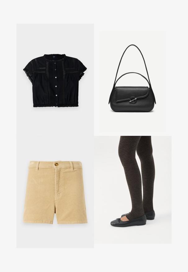 Sort cropped bluse med korte ærmer, der har blonder detaljer, knapfront og plisseringer på kroppen og ærmerne.; Khaki corduroy shorts med et tekstureret ribbet mønster, med frontlukning med knap og to sidelommer. Klassisk lige snit design.; Ben iført mørke ribbede leggings kombineret med sorte balletsko med små sløjfedetaljer på hvid baggrund.; Sort læderhåndtaske med afrundede kanter, asymmetrisk klap, metalcirkulært spænde samt både korte og lange skulderstropper.