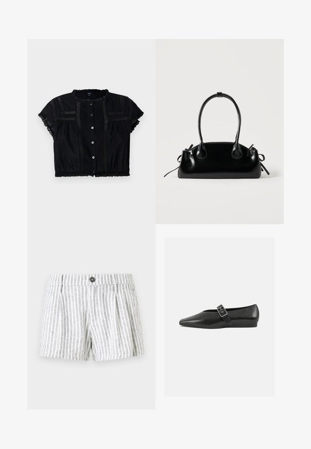 Sort cropped bluse med korte ærmer, der har blonder detaljer, knapfront og plisseringer på kroppen og ærmerne.; Stribede shorts i lys grå og hvid, med knappelukning, plissee foran og et blødt, tekstureret stof.; Sorte læder flade sko med spidse tæer, prydet med en metallisk spænde over vristen og en lav, fleksibel sål.; Lille sort blank håndtaske med to lange håndtag og snøre-detaljer i siden på en ensfarvet lys baggrund.