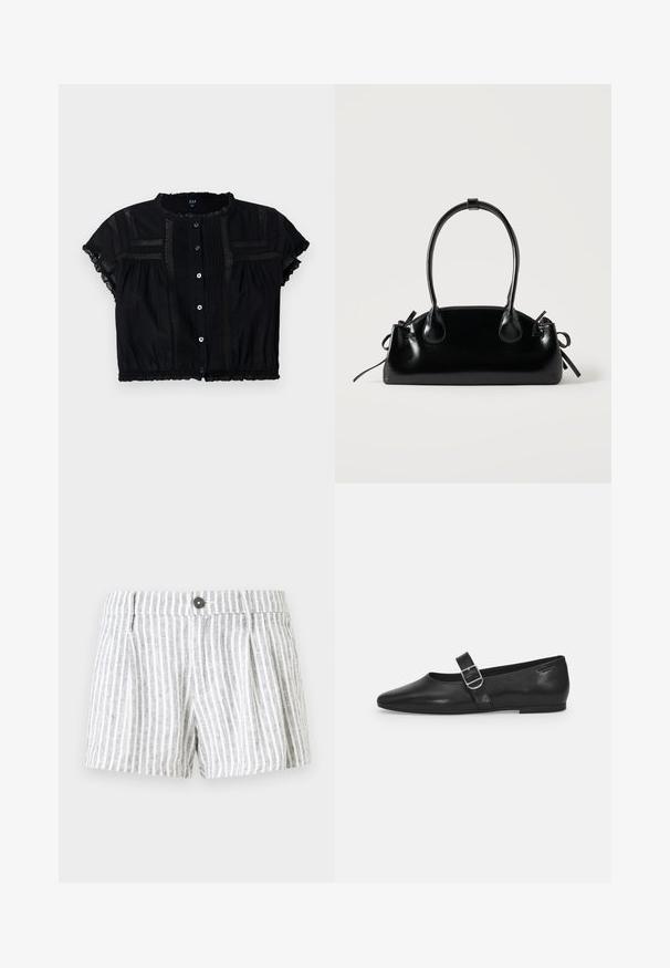 Sort cropped bluse med korte ærmer, der har blonder detaljer, knapfront og plisseringer på kroppen og ærmerne.; Stribede shorts i lys grå og hvid, med knappelukning, plissee foran og et blødt, tekstureret stof.; Sorte læder flade sko med rund tå, et enkelt justerbart spænde og en glat, blank overflade. Minimalistisk design med en lav hæl.; Lille sort blank håndtaske med to lange håndtag og snøre-detaljer i siden på en ensfarvet lys baggrund.
