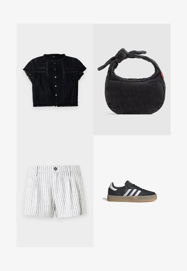 Blusa negra cortada con mangas cortas, con adornos de encaje, botones en la parte delantera y detalles plegados en el cuerpo y las mangas.; Pantalones cortos a rayas en gris claro y blanco, con cierre de botón, pliegues en la parte frontal y una tela suave y texturizada.; Zapatilla deportiva de cuero negro con tres rayas plateadas, punta texturizada y suela de goma. Cuenta con un collar acolchado y un diseño con cordones.; Bolso pequeño de hombro de mezclilla negra con correa anudada y cierre de cremallera, con una etiqueta de tela roja de Levi's en el lateral.