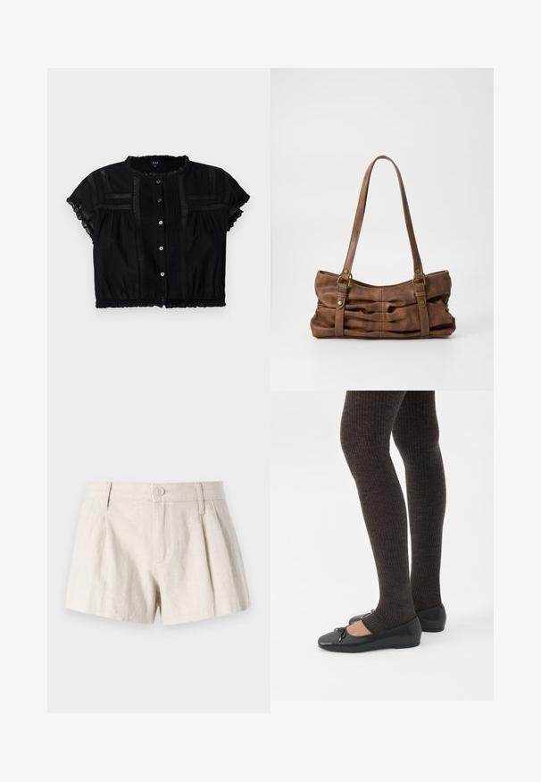 Sort cropped bluse med korte ærmer, der har blonder detaljer, knapfront og plisseringer på kroppen og ærmerne.; Linning shorts i en lys beige farve med plisseret design, frontknaplukning og en glat, struktureret finish.; Ben iført mørke ribbede leggings kombineret med sorte balletsko med små sløjfedetaljer på hvid baggrund.; Even&Odd Håndtasker - brown