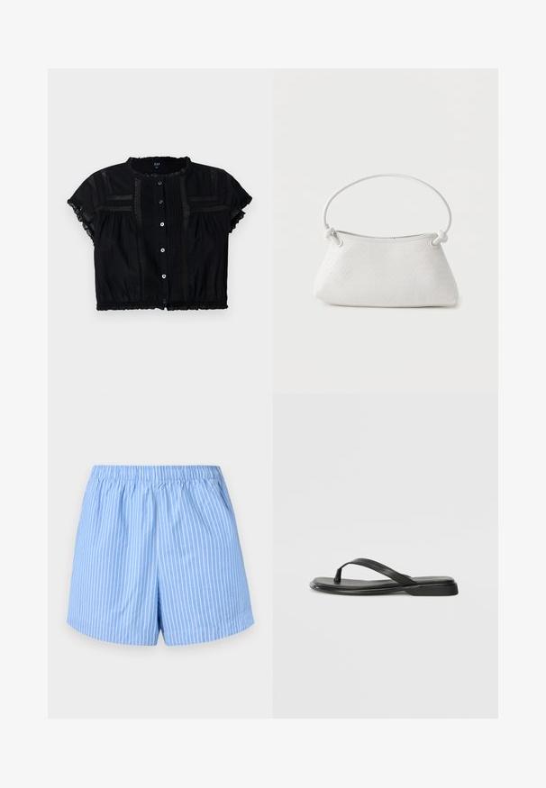 Zwarte cropped blouse met korte mouwen, voorzien van kantaccenten, knoopsluiting aan de voorzijde en geplisseerde details op het lijfje en de mouwen.; Lichtblauwe shorts met witte verticale strepen, elastische tailleband, mid-thigh lengte en een zachte katoenen textuur.; Zwarte teenflip-flop van glad leer, met een dunne band en een platte zool met een minimalistisch profiel. Geen opvallende patronen of accenten.; Witte handtas van gevlochten leer met een afgeronde handgreep en uiteinden van de band die geknoopt zijn, afgebeeld tegen een effen achtergrond.