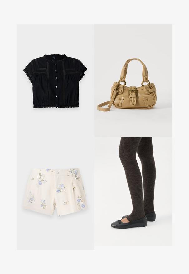Blusa negra cortada con mangas cortas, con adornos de encaje, botones en la parte delantera y detalles plegados en el cuerpo y las mangas.; Pantalones cortos florales hechos de una tela ligera, con una base crema y patrones de flores azules y verdes, dos bolsillos frontales y un cierre de botón.; Piernas con leggings oscuros acanalados combinados con bailarinas negras que presentan pequeños detalles de lazo sobre un fondo blanco.; Bolso de cuero beige con doble asa, hebilla y remaches de latón, y una correa de hombro ajustable sobre un fondo blanco.