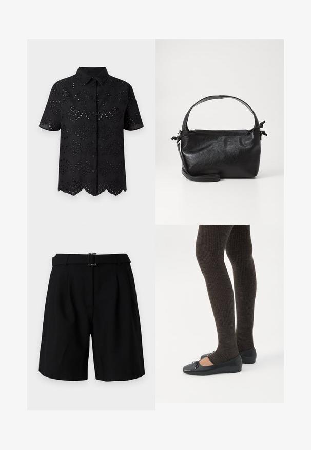 Musthave musta lühikeste varrukatega särk, millel on silmade tikand ja laineline alumine äär ning nööpidega esiosa. Kerge kangas koos tekstuuriga mustriga.; Mustad mustriga tekstuuriga mustad lühikesed püksid, laia vöökoha ja metallist pannal detailiga. Konstruktiivne disain ja volditud esiosa.; Jalad seljas tumedad soonelises soonelises kombines mustade baleriinadega, millel on väikesed paelade detailid valgel taustal.; Must mustrikujundusega must nahast käekott, ümarate pealmiste käepidemete ja eemaldatava õlalihaga. Omab siledat tekstuuri ja peent sära.