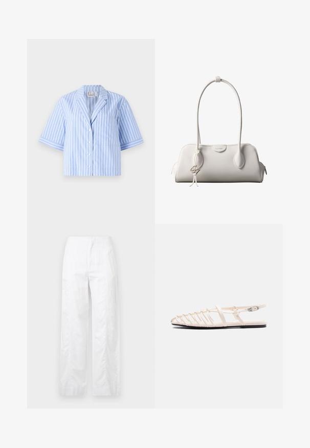 Camisa de manga corta a rayas azul y blanca con cuello, botones frontales, un bolsillo y rayas en contraste en las mangas.; Pantalones de pierna ancha blancos, confeccionados en tejido ligero, con una textura suave, líneas limpias y un diseño de cintura alta.; Sandalia plana beige con múltiples tiras delgadas, hebilla en el tobillo y suela negra, vista lateral sobre fondo blanco.; Bolso de hombro blanco de Calvin Klein con asas largas, forma rectangular, cierre de cremallera y charm decorativo con el logo colgando cerca del asa.