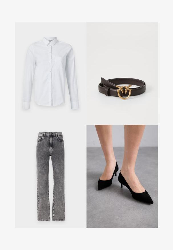 Hvid langærmet skjorte lavet af bomuld, med krave, knaplukning foran og en enkelt brystlomme. Glat tekstur. Ingen mønstre.; Grå denim højtaljede jeans med lige ben design, der har subtil whiskering og standard fem-lomme stil.; Sorte ruskindspistede højhælede sko med en slank, klassisk mid-højde hæl og en bred åbning, præsenteret på bare fødder mod en grå baggrund.; Brun læderbælte med en guld cirkulær spænde med to fugle accenter, glat tekstur og fine stikninger langs kanterne.