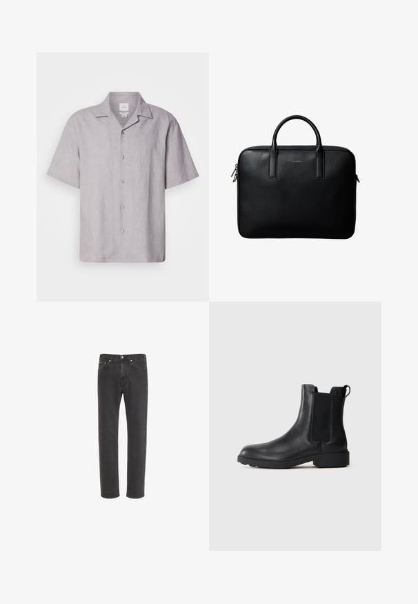 Chemise à manches courtes, gris clair, boutonnée, en lin. Dotée d'un col pointu et d'une texture subtile avec six boutons sur le devant.; Jean en denim noir à coupe droite avec fermeture avant par bouton et zip, poches avant et arrière, présenté sur fond blanc.; Bottine noire en cuir avec des panneaux élastiques sur les côtés, une languette au talon, et un petit talon bloc sur fond uni.; Mallette en cuir noir texturé avec double poignées et tirettes de fermeture éclair argentées, centrée sur fond blanc.