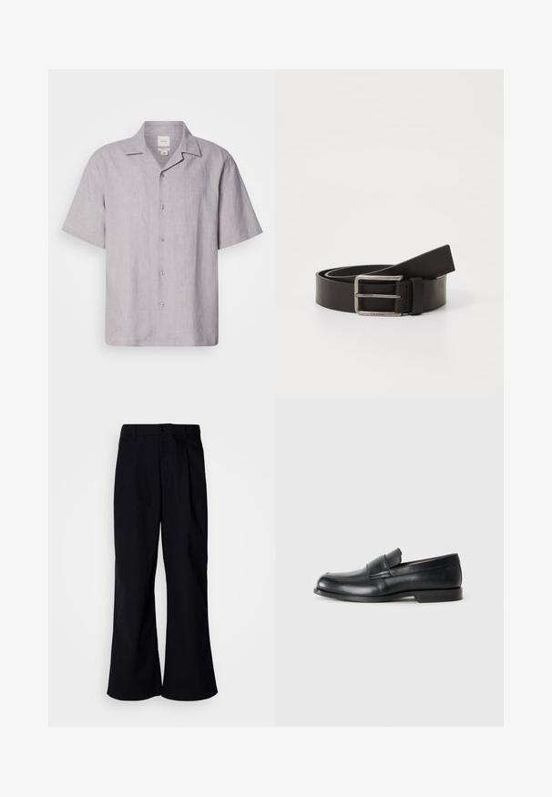 Chemise à manches courtes, gris clair, boutonnée, en lin. Dotée d'un col pointu et d'une texture subtile avec six boutons sur le devant.; Pantalons larges noirs en coton avec un pli à l'avant, présentant une fermeture à bouton et des passants de ceinture, texture lisse et sans motifs visibles.; Mocassins en cuir noir avec un bout rond, des détails cousus et une semelle en caoutchouc plate. Présentent une large bande sur le cou-de-pied.; Ceinture en cuir noir avec une finition mate, dotée d'une boucle métallique rectangulaire et d'une sangle affichant le logo Calvin Klein.